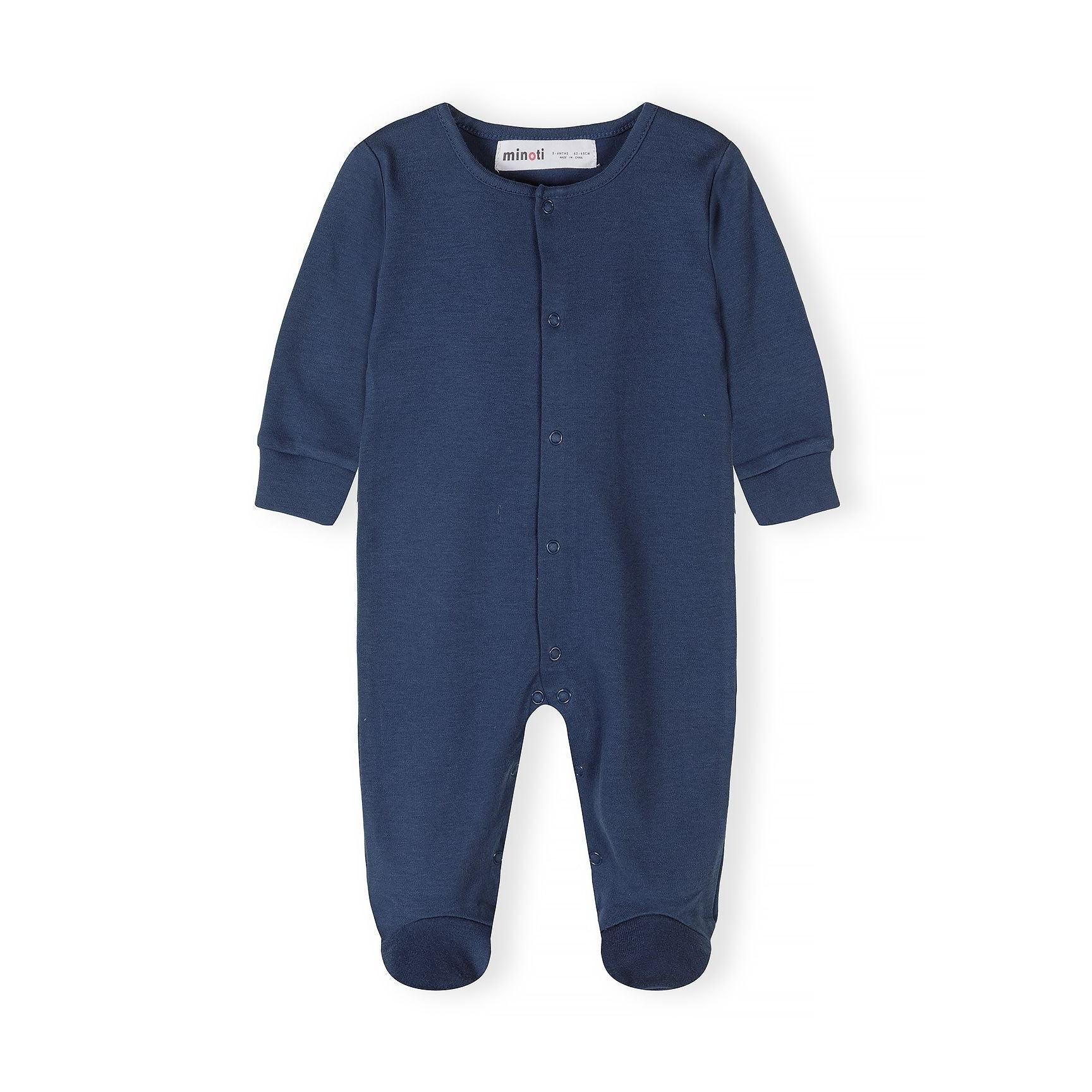 Single light blue cotton sleepsuit with snap button front closure and fold-over cuffs displayed flat against white background