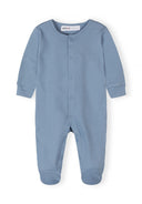 Soft blue long sleeve baby sleepsuit with snap buttons and footed design for comfort and breathability.