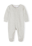 Simple soft gray long sleeve baby sleepsuit with snap buttons and footed design for comfortable wear