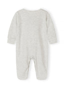 Back view of a simple, soft light grey long sleeve baby sleepsuit with footed design for comfort.