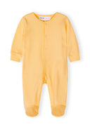 Soft yellow baby sleepsuit with snap buttons and covered feet, designed for comfort and ease of use