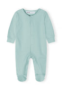 Light blue soft jersey sleepsuit for babies with snap buttons and foot coverings, designed for comfort and ease.