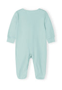 Soft light blue baby sleepsuit in jersey fabric featuring a simple, comfortable design for infants.