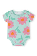 Baby bodysuit with short sleeves featuring a playful blue and pink floral design for infants.