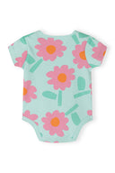Blue short sleeve baby bodysuit with bright pink floral print and orange centers, featuring a playful and unique design.