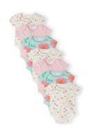 Set of girls short sleeve bodysuits with floral prints in various colors.