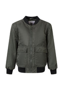 Boys khaki lightweight bomber jacket, front view with two utility pockets and ribbed collar.