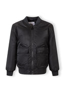Black nylon bomber jacket for boys with polyester padding and utility pockets, featuring a sleek, durable design.