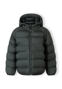 Dark green padded boys jacket with adjustable hood and elasticated cuffs, designed for lightweight comfort and warmth.
