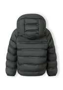 Back view of a boys padded lightweight hooded jacket with elasticated cuffs in dark emerald color design.