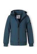 Boys teal softshell jacket with hood, front view, features zippered pockets and elasticated cuffs.
