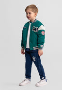 Boys green varsity bomber jacket, side view, features embroidered details and snap fasteners.