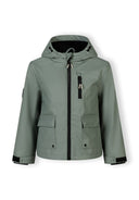 Waterproof teal kids jacket with adjustable hood, front pockets, and zipper detail, designed for versatile outdoor wear.