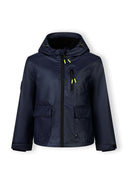 Navy blue waterproof boys jacket with hood and front pockets, designed for outdoor wear and active kids.