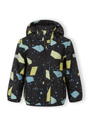 Boys softshell jacket in black with abstract print, front view, features fixed hood and full-length zip.