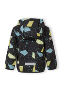 Back view of a boys' softshell jacket with abstract print, fixed hood, and side pockets.