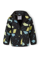 Boys softshell jacket in abstract print with fixed hood and full-length zip, front view.