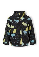 Boys softshell jacket in black with abstract print, front view, features fixed hood and full-length zip.