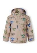 Kids softshell jacket in sand color with colorful aeroplane print design and hood, ideal for baby and toddler fashion.