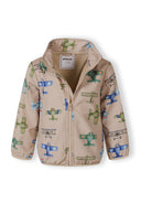 Beige boys softshell jacket with colorful aeroplane print and zip closure, designed for comfort and style.