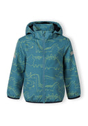 Boys turquoise softshell jacket with dinosaur print, front view, features adjustable hood and full-length zip.