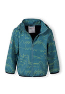 Boys turquoise softshell jacket with dinosaur print, front view, features adjustable hood and full-length zip.