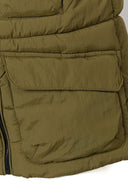 Detail of olive boys' padded nylon utility waistcoat with flap pocket.
