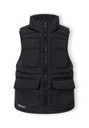 Black quilted nylon boys waistcoat with stand collar and flap pockets showcasing a sleek, practical design for kids.