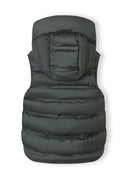 Boys quilted sleeveless waistcoat in muted olive, back view with padded insulation and adjustable hood.