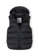 Black quilted boys waistcoat with lined hood and zip fastening, designed for comfort and style in kids fashion.