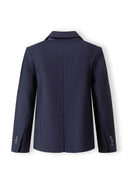 Boys formal navy blue blazer, back view with notch lapel and button cuffs.