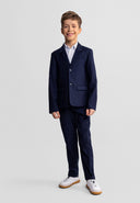 Boys formal navy blue blazer, front view, features notch lapel and two side pockets.