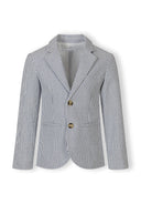 Navy blue striped tailored cotton boys blazer with lapel collar and button closure featuring unique design details