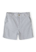 Navy striped tailored cotton shorts for boys with mid-rise design and side pockets for a stylish look.