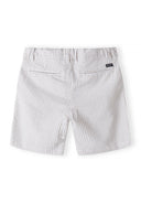 Boys tailored suit shorts in stone color, back view with two pockets and subtle striped pattern.