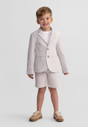 Boys tailored suit shorts in stone color, front view, featuring a zip fastening and two side pockets.