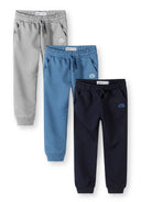 Three boys joggers in blue, grey, and navy with side pockets showcasing a stylish, comfortable design.