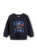 Navy boys sweatshirt with skate and dinosaur print, featuring bold lettering and vibrant design for kids fashion.