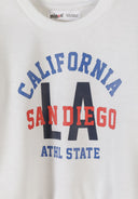 Close-up of a boys sweatshirt with a California San Diego LA graphic design in navy and red print