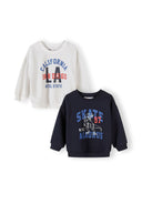 Two boys sweatshirts in navy and white featuring skate and California designs, highlighting unique kids fashion style.
