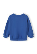 Back view of plain blue boys sweatshirt with ribbed cuffs and hem, featuring a simple and comfortable design.