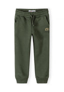 Boys olive green joggers with side pockets, drawstring waist, and athletic logo design for comfortable kids fashion.
