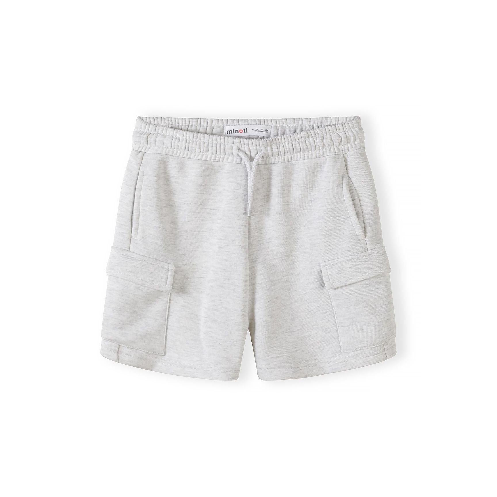 Close-up front view of navy blue cargo shorts showing detailed construction with side cargo pockets, elasticated waistband and drawstring on white background