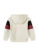 Cream kids hoodie with black and maroon contrast sleeve panels, featuring a unique design for casual wear.