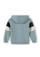 Back view of boys hooded tracksuit top with blue, black, and white contrast sleeve panels and unique design details.