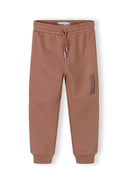 Kids cognac-colored jogger pants with elastic waistband and printed design detail on leg, comfortable casual wear.
