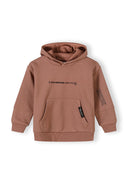 Children's cognac brown hooded sweatshirt with front pocket and modern printed design details