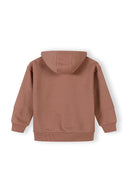 Back view of a simple cognac-colored hooded sweatshirt for kids with ribbed cuffs and hem showing clean design.