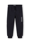 Black boys jogger pants with elastic waistband and white text detail, designed for stylish and comfortable kids fashion.