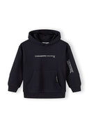 Black boys hooded sweatshirt with front pocket and minimal white text design on chest and sleeve for kids fashion.